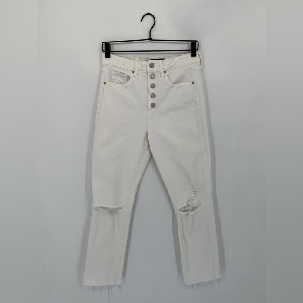 Veronica Beard Ryleigh Button Knee Rip High Rise Slim Straight Jeans White